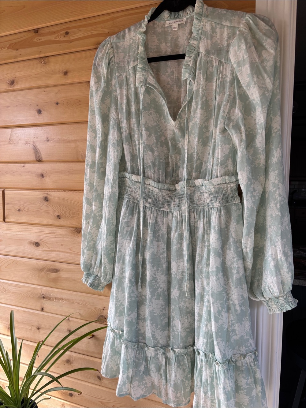 Blu Pepper Mint Green Floral Long-Sleeve Tiered Dress